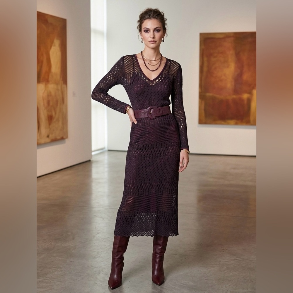 Vintage Mica Crochet Maxi Dress Black Sheer Knit Boho Festival Witchy Size 6 - Picture 6 of 10